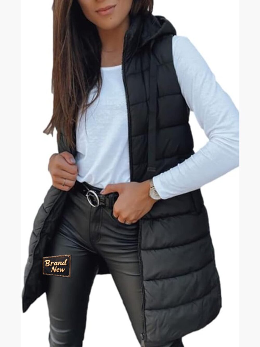 Long Sleeveless Hood Puffer Vest Winter Outwear with Pockets
